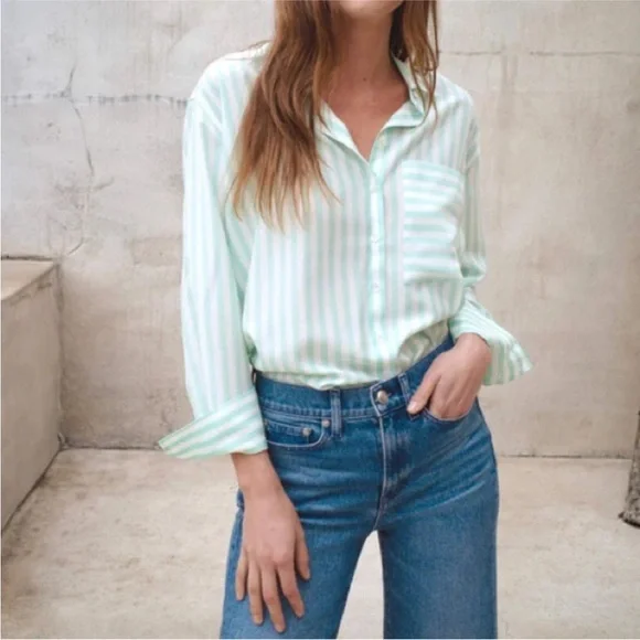 AYR Womens The Deep End Mint Green Striped Button Up Shirt Top - Picture 2 of 16